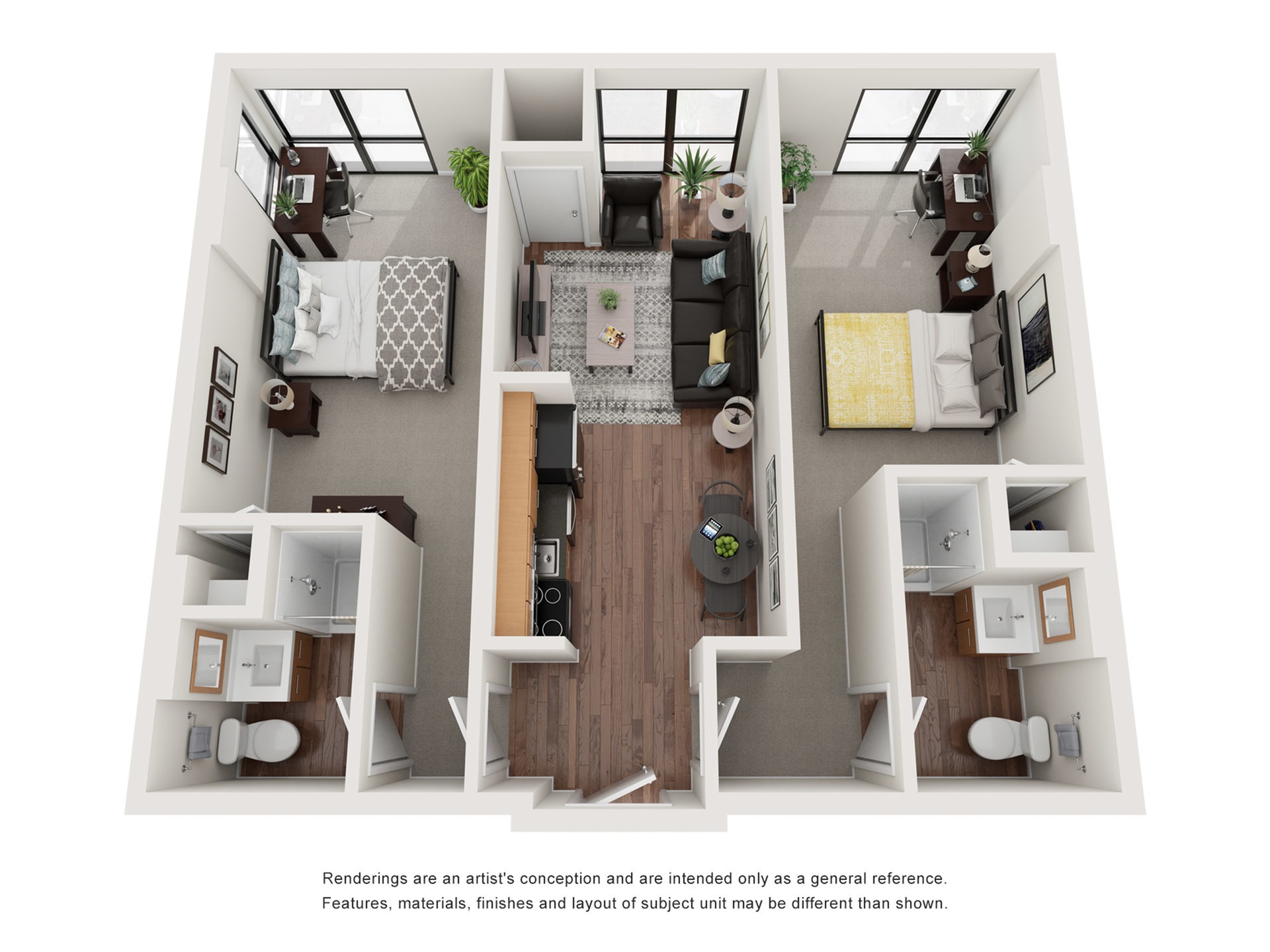 A 3D image of the 2BR/2BA – Monarch floorplan, a 774 squarefoot, 2 bed / 2 bath unit