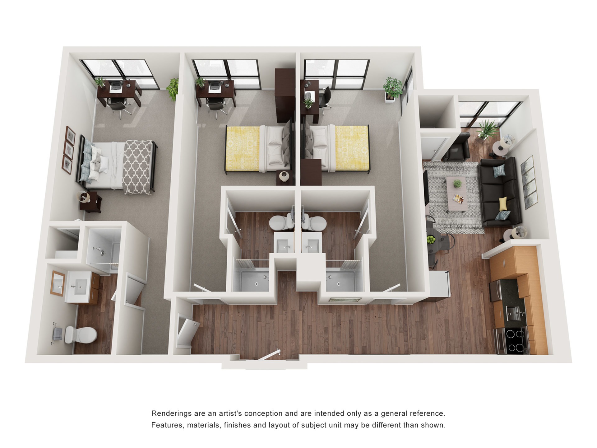 A 3D image of the 3BR/3BA – Aspen floorplan, a 993 squarefoot, 3 bed / 3 bath unit