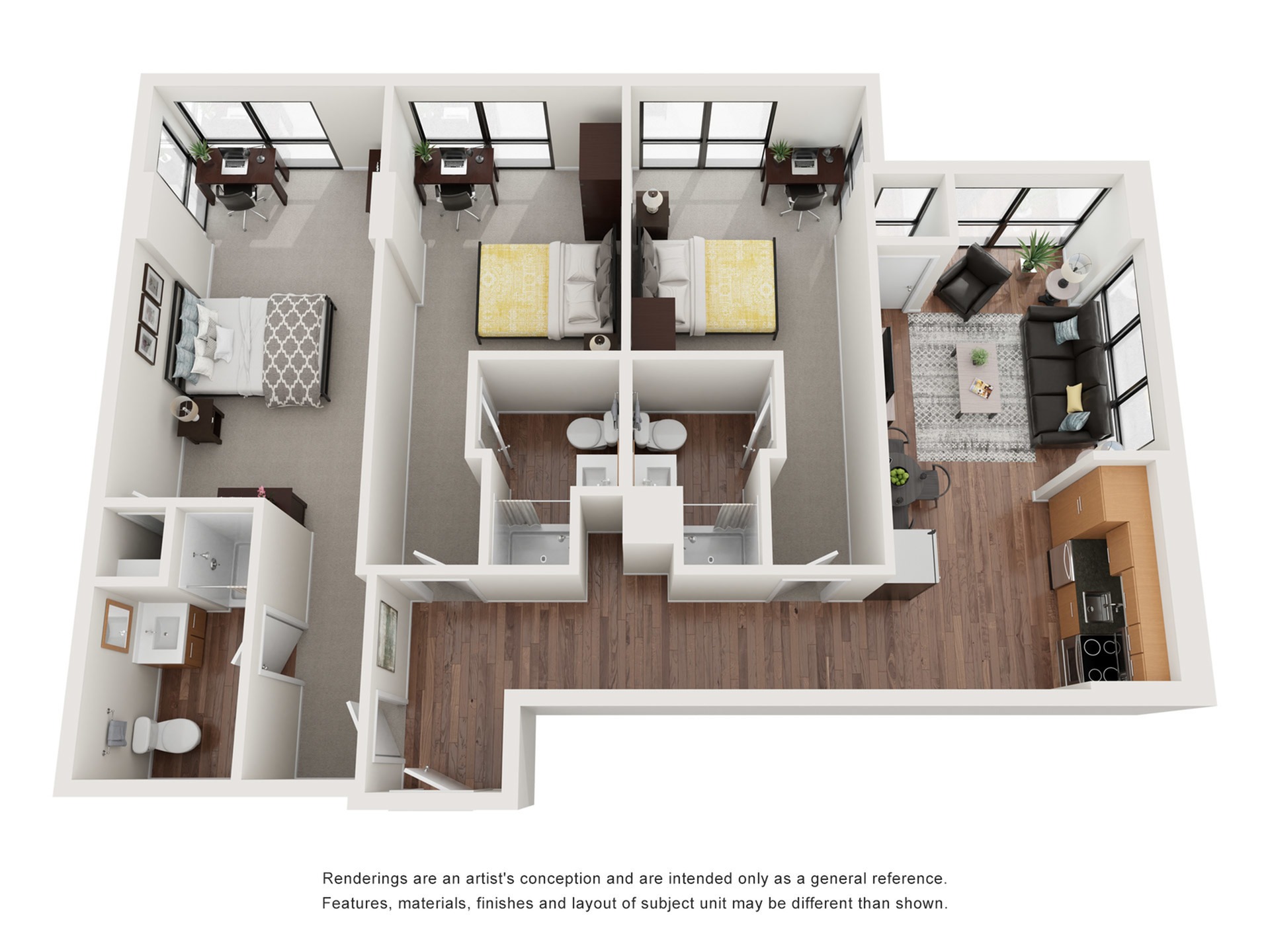 A 3D image of the 3BR/3BA – Telluride floorplan, a 1080 squarefoot, 3 bed / 3 bath unit