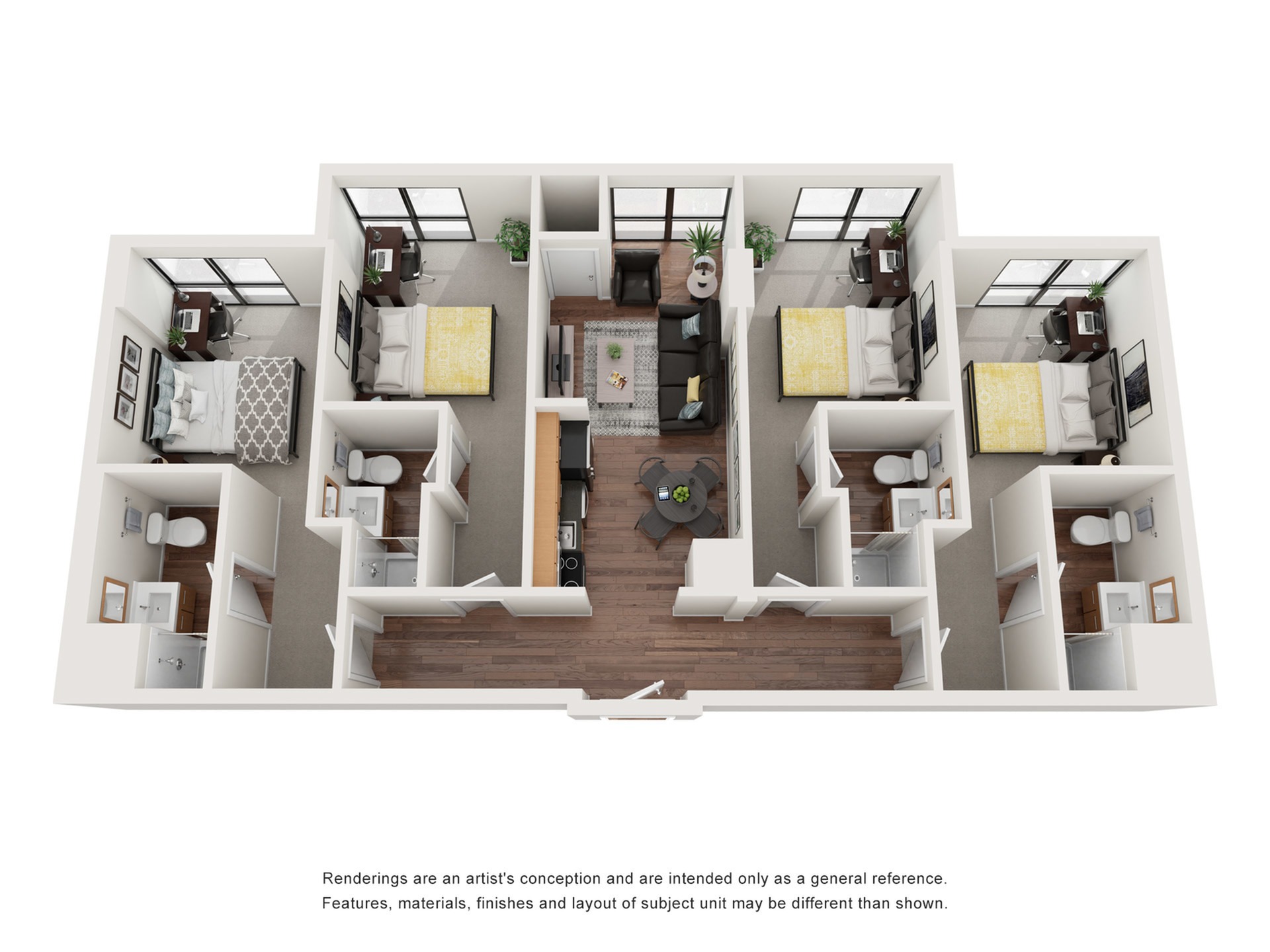 A 3D image of the 4BR/4BA – Breckenridge floorplan, a 1212 squarefoot, 4 bed / 4 bath unit