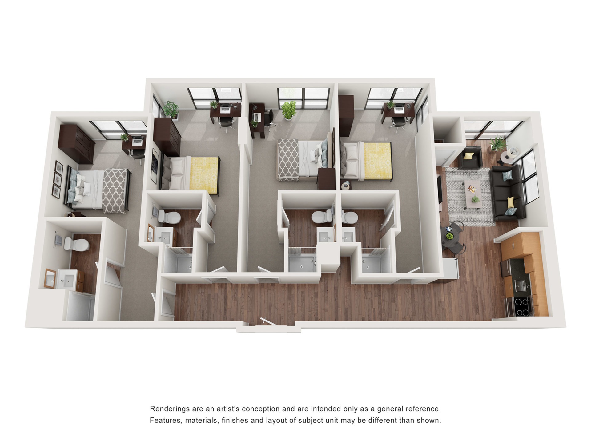 A 3D image of the 4BR/4BA – Vail floorplan, a 1244 squarefoot, 4 bed / 4 bath unit